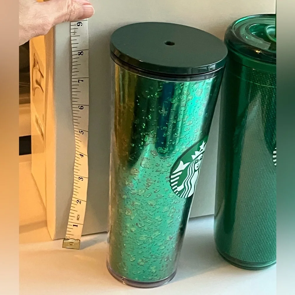 2 Starbucks tall 24 oz. plastic cups Holiday green sparkling flecks and tweed
